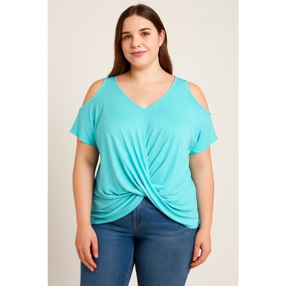 Summer Cold Shoulder Aqua Blue Draped Blouse Medium - Picture 1 of 7